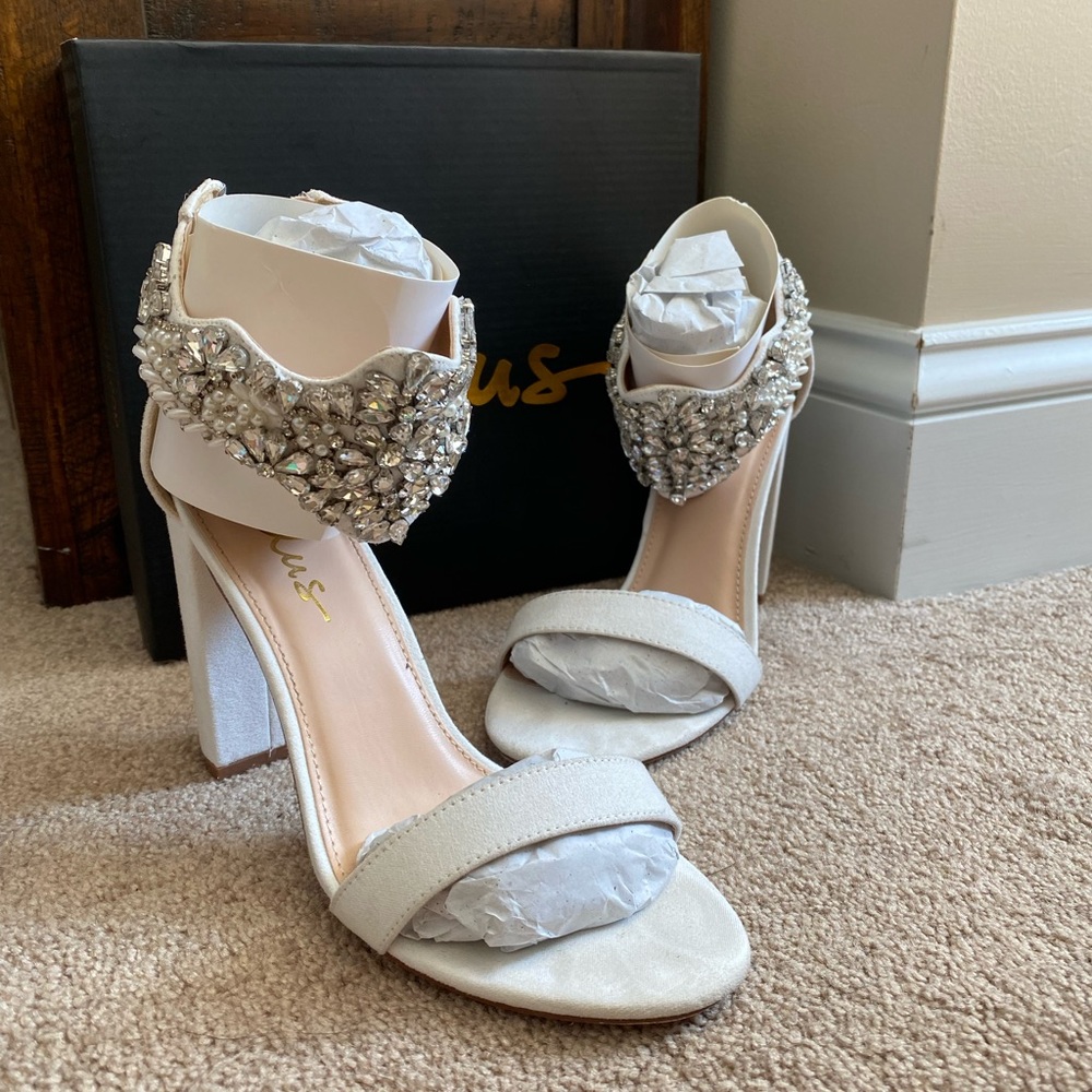 Lulu’s Dannah White Suede Rhinestone and Pearl High Heel Sandals